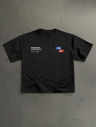 StoneGrade Retro American Racing Elements Typography Fashion Print Black Loose Fit Short Sleeve T-Shirt, Essential For Dates And Gatherings, Suitable As Gift For Boyfriend