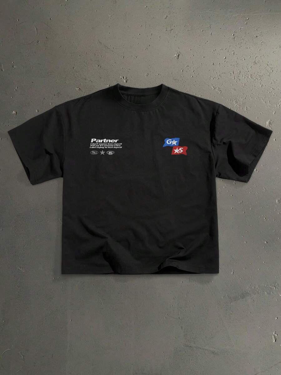 StoneGrade 复古美式赛车元素印花时尚黑色宽松短袖T恤，约会聚会必备，适合送给男友 - 黑色 - 查看 1