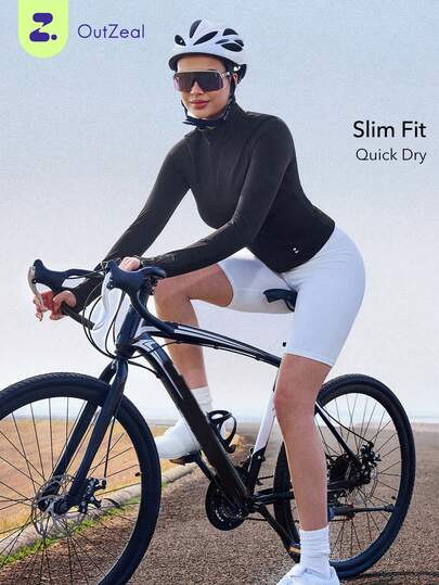 OutZeal 女士户外黑色T恤跑步健身服速干弹力修身长袖前半拉链运动上衣