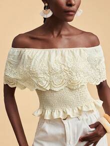 Travachic Embroidered Mesh Off-Shoulder Top - Yellow - View 5