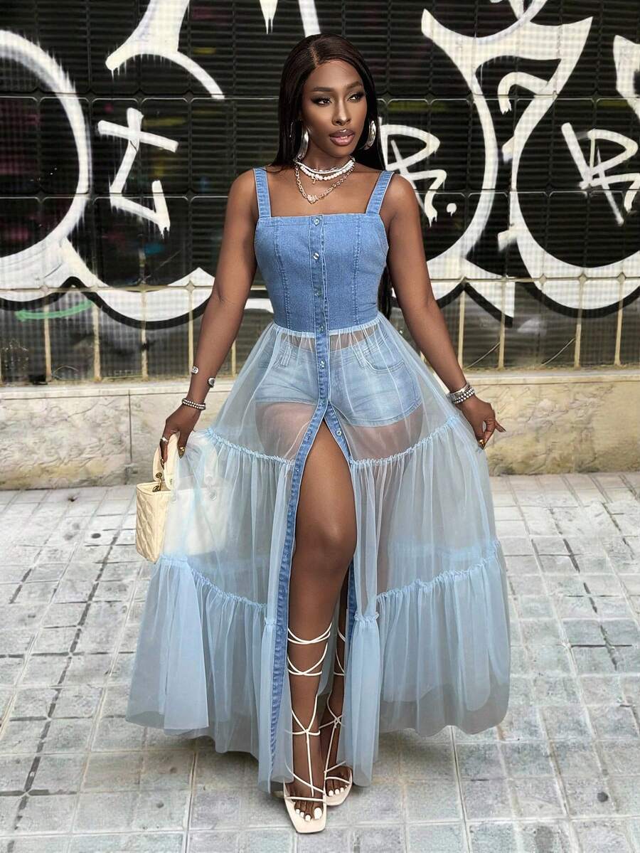 Slaydiva Women's Fashion Semi-Sheer Mesh Skirt With Denim Vest Patchwork Backless Top - Blue - View 1