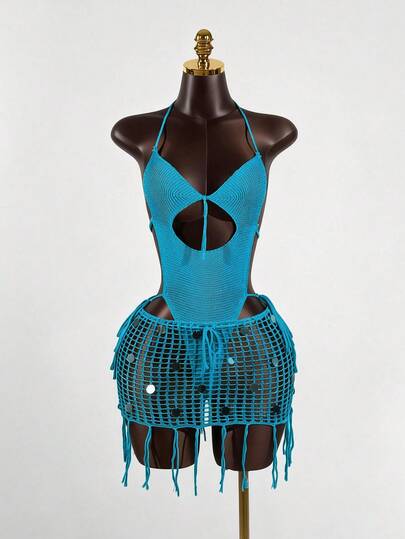 SaltGleam SaltGleam Sexy Backless Summer Camisole Top & Sequins Decor Skirt Two Pieces Set, Casual Holiday Outfit