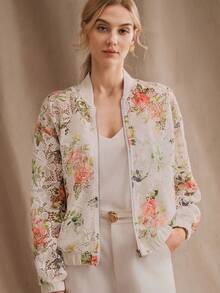 Anewsta Women's Elegant Floral Print Lace Sheer Stand Collar Long Sleeve White Lace Jacket, Spring/Summer - White - View 4