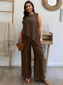SHEIN Clasi Bộ đồ 2 mảnh dành cho nữ cỡ lớn, màu trơn, cổ tròn, vạt bất đối xứng, không tay và quần ống rộng, kiểu dáng rộng rãi, thoải mái. - màu nâu - Xem 3