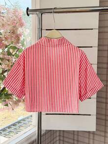 Elamini 条纹短款宽松休闲女式宽松袖衬衫，亚麻质感女式衬衫，夏季条纹衬衫，短款衬衫，短款纽扣棉质夏季上衣，红色条纹衬衫，可爱女式衬衫，夏季休闲上衣，女式上衣和衬衫，短袖衬衫，女式工作衬衫 - 紅白色 - 查看 2