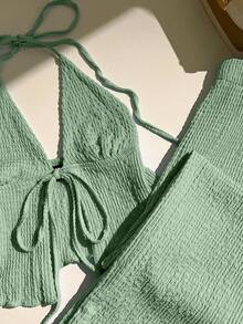 Elamini Solid Color Textured Fabric Pleated Halter Top And Wide Leg Pants Set Green Two Piece Set - Green - View 3