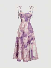 SHEIN MOD Đầm hai dây midi nữ mùa hè, kiểu dáng thường ngày, in họa tiết tie-dye, thắt nút vai, dáng corset eo. - Nhiều màu - Xem 4