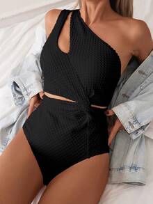 SHEIN Swim 女士纯色连体扭结褶皱泳衣，适合海滩度假、泳池派对、沙滩派对单肩镂空连体泳衣、连体泳衣、镂空连体泳衣、女士泳装、女士泳衣连体衣 - 黑色 - 查看 3