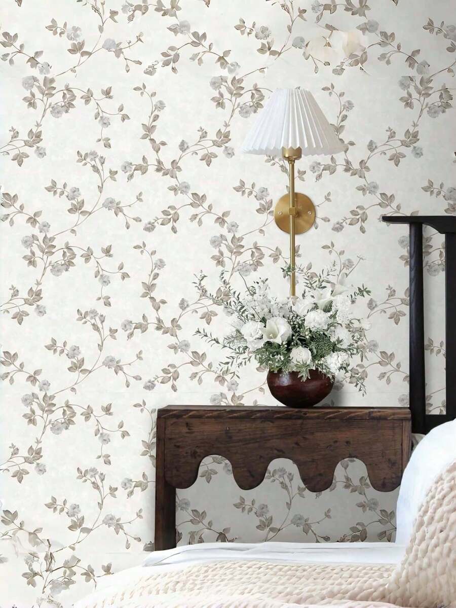 复古法式花卉图案自粘墙纸，棕色植物印花防水可移除贴纸，适用于卧室、客厅、橱柜、家具翻新，44x300/500/1000厘米，情人节礼物 - PH13-003 - 查看 1