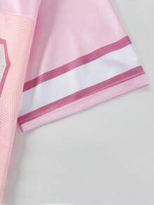 ROMWE MEN Prep Summer Beach Vacation Graphic Pink Men Jersey Number Letter Satin Graphic V-Neck Tee, 2000S Style - Pink - View 4