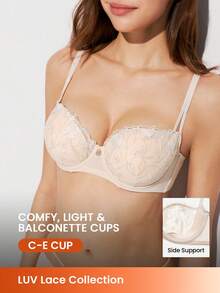 LUVLETTE Lencería de mujer con aros, transpirable y con encaje bordado, sujetador de malla y encaje en color dorado beige sin relleno - Albaricoque - Ver 2