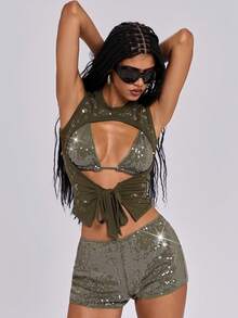 ROMWE Spring/Summer Y2K Sexy Glitter Studded Cutout Tie Front Crop Top For Women - Green - View 4
