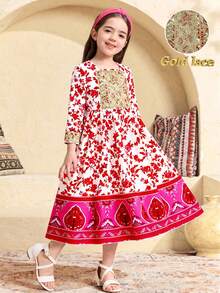 Sparklyn Vêtement arabe traditionnel Jalabiya pour filles, printemps/été/automne, imprimé floral rouge/rose, manches longues, convient aux filles mignonnes et élégantes, de haute qualité, adapté pour le quotidien, l'école, les sorties, les fêtes, les vacances, le Nouvel An - Rose vif - Voir 7