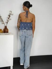 SAYEHFBABY 女式夏季度假花卉刺绣全身印花细肩带休闲背心 - 藍色 - 查看 2