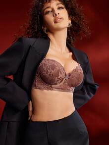 性感法式聚拢钢圈胸罩、内衣 - 咖啡棕 - 查看 4