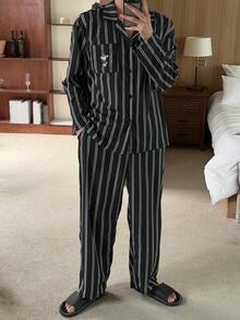 DAZY 春季条纹小狗字母印花长袖衬衫配长裤男士睡衣套装 - 彩色 - 查看 3