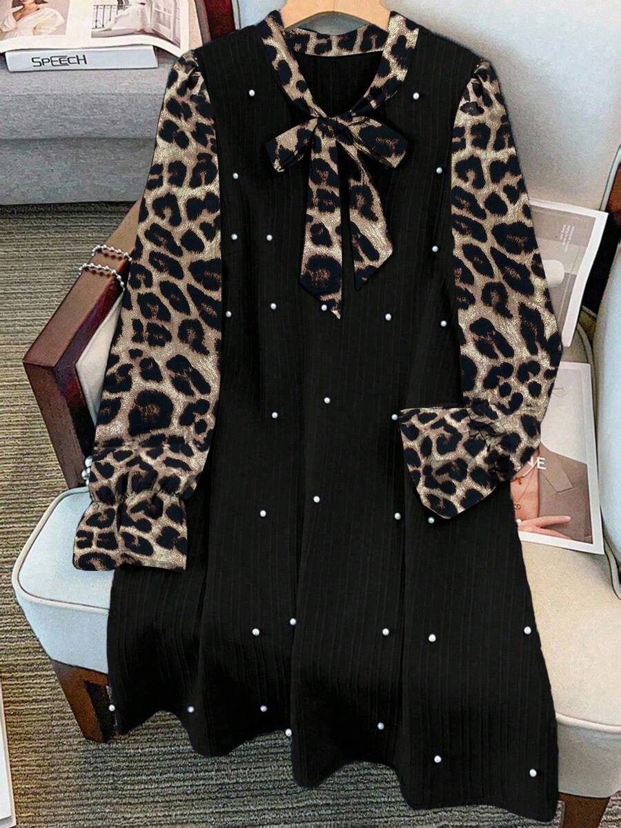 GlowEve CURVE 大码女式蝴蝶领长袖撞色两件套衬衫裙，荷叶边袖口设计，黑色豹纹拼接，适合日常通勤、派对、聚会等场合。 - 彩色 - 查看 1