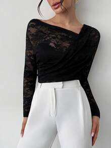 Firerie 女士优雅性感纯色蕾丝不对称连体衣 - 黑色 - 查看 8