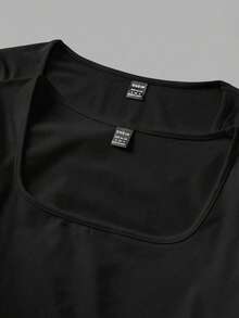 SHEIN EZwear 2件組大尺碼女款方領休閒長袖黑色T恤套裝，百搭春秋冬上衣，修身緊身款 - 黑色 - 查看 4
