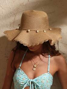 Swim Chiccia 1 件女士卡其色波浪海滩太阳帽，带人造珍珠和蝴蝶结细节，优雅的海滩旅行度假太阳帽 - 卡其色 - 查看 13