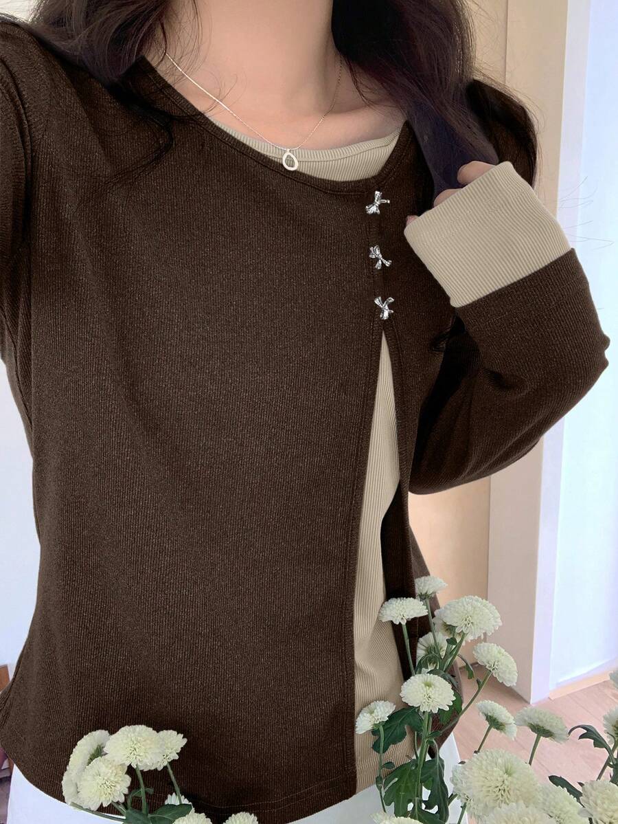 Dazy Plus Color Block Bow Decor 2 In 1 Fashion Long Sleeve T-Shirt For Plus Size Women - Brown - View 1
