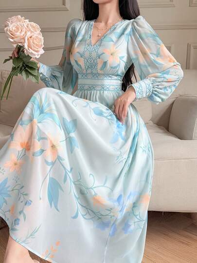 DAZY Vestido largo con cuello en V y estampado, estilo de vacaciones