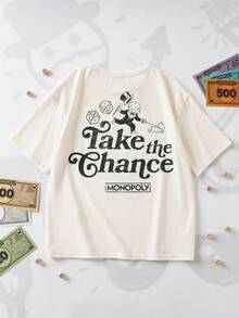 MONOPOLY X SHEIN 少女圆领卡通字母印花休闲百搭日常短袖T恤 - 杏色 - 查看 1