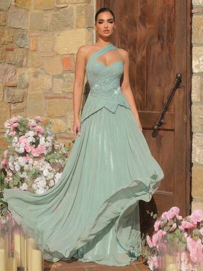 Glamrae Elegante y lujoso vestido de noche de gala con falda larga fluida, decoración plisada hecha a mano y parches de lentejuelas en color verde guisante