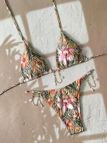 Swim Vcay Swim SXY 2pcs/Set Floral & Animal Print Beaded Chain Halter Triangle Bikini Top And Bottoms Sexy Swimwear Set For Women, Spring/Summer - Multicolor - View 6
