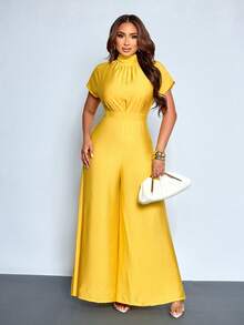 SOLERSUN 春夏女士纯色优雅派对连体裤，简约通勤风，适合生日派对、日常休闲穿着、婚礼季、返校季、感恩节、毕业季等场合。特点：立领、系带腰身、褶裥、高腰连体裤。黄色连体裤，夏季穿搭。 - 黃色 - 查看 4