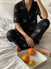 2pcs/Set Teenage Boys' Minimalist Star Print Short Sleeve Top And Pants Comfortable Pajama Set Boys Pajama Set Star Print Pajama Set - Black - View 3