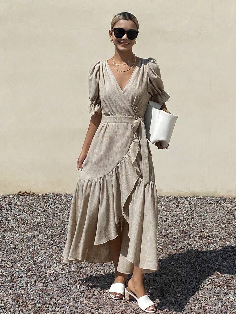 Elegant V-Neck Ruffle Trim Waist Midi Dress With Puff Sleeves, Suitable For Summer Vacation & Party