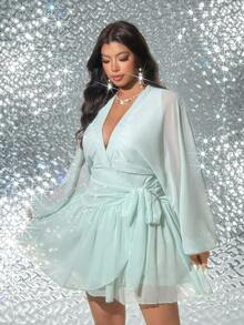 Viva Relle Plus Size Women's Deep V-Neck Semi-Sheer Lantern Sleeve Tie-Waist Dress, Spring/Summer - Mint Green - View 5