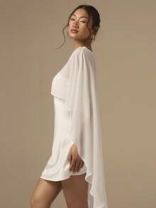 COSMINA 2 piezas/Set Vestido mini de satén con corte sesgo y capa chal para mujer, vestido de cóctel de unicolor para boda, fiesta, evento, vacaciones, blanco - Blanco - Ver 7