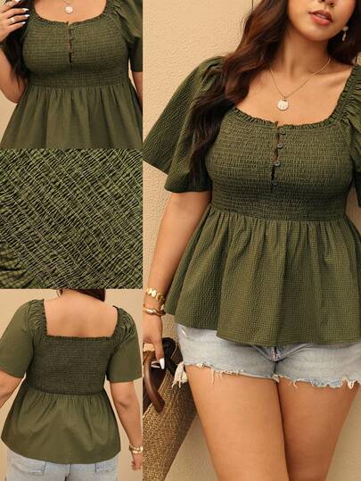 Elaquor Plus Size Women's Vacation Plaid Raglan Sleeve Button Design Shirt Women Summer Blouse Top Puff Sleeve Tops Olive Green Top