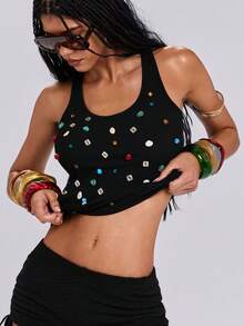 ROMWE Y2K Blusa casual versátil con decoración de botones para mujer - Negro - Ver 4