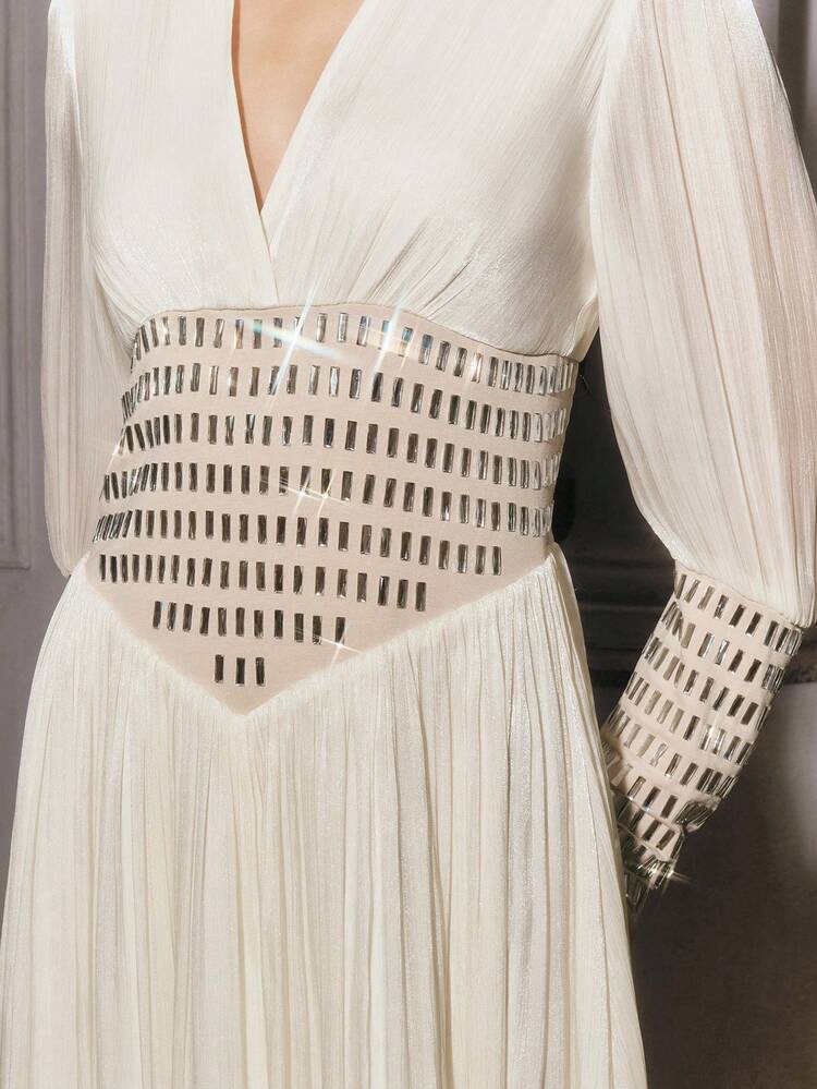 Anewsta Women's Spring/Summer Apricot Elegant V-Neck Puff Sleeve A-Line Waist Slimming Long Dress, Shiny Fabric, Rhinestone Embellished Cuffs And Waist, Suitable For Daily Gatherings, Parties, Valentine's Day, Weddings, Carnivals