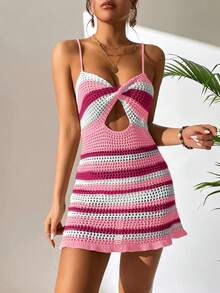 SHEIN Swim 休闲度假沙滩条纹多功能罩衫连衣裙，打结荷叶边下摆性感镂空纹理设计，春夏款 - 粉色 - 查看 3