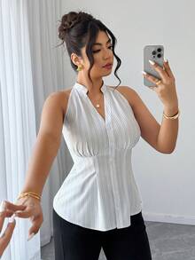 Elenzga Plus Size Women Casual Striped Waist Sleeveless Shirt - Multicolor - View 7