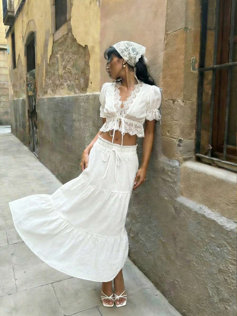 SHEIN MOD 女士蕾丝泡泡袖V领黑色上衣和波西米亚风迷你裙，趣味衬衫，休闲假日，情人节服装，夏季假期，夏季，早午餐，情人节，女士海滩装，情人节女士装，海滩度假，性感邮轮女士装，复活节 - 白色 - 查看 1