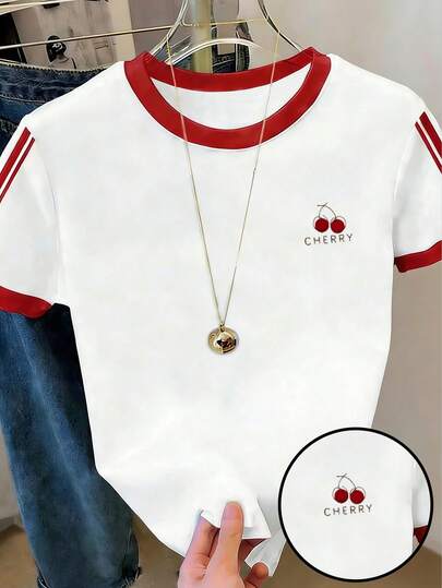 Teen Girls' Casual Vintage Sweet Minimalist Cherry Print Short Sleeve T-Shirt, Summer Casual Red And White Striped Round Neck Top, Suitable For Daily And Outings