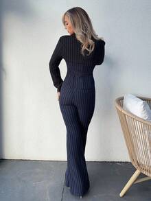 Jeta Ari Women's Elegant Sexy Blue And Black Striped Contrast Color Suit Set, Fitted Blazer + Low-Waist V-Neck Flared Pants 2-Piece, Fashionable Casual Business Wear, Commuting Outfit, Professional Attire, Suitable For Daily Outings, Dates, Parties, And Formal Occasions - Multicolor - View 2