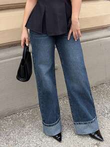 Jeta Ari 女士休闲时尚宽松简约卷边阔腿牛仔裤 - 深色水洗藍 - 查看 4