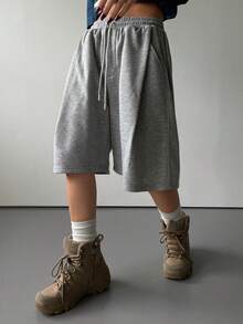 DAZY Pantalones deportivos casuales de mujer con pliegues sueltos y unicolor, primavera - Gris Claro - Ver 4
