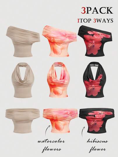 SHEIN MOD 3pcs Women Floral Print & Solid Color Versatile Top Set, Floral Print Top, Women's Multi-Way Top Floral Pattern Crop Top 3 Pack Design, Spring Summer Top, Tea Party , Vacation, Carnival Costume, Floral Top, Casual , Vacation , Holidays, Going Out Top, Beach, Party, One Shoulder Tops, Halter Tops, Summer Tops, Vacation Outfits,Holiday