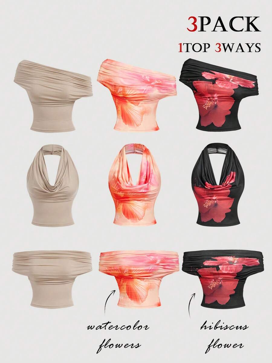 SHEIN MOD Bộ 3 áo nữ in hoa và màu trơn đa năng, áo in hoa, áo nhiều kiểu cho nữ, áo mùa xuân hè, áo dự tiệc trà, áo đi nghỉ mát, áo hóa trang lễ hội, áo đi chơi. - Nhiều màu - Xem 1