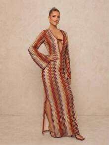 Lumalex 金属装饰深V领喇叭袖修身条纹印花连衣裙（女款） - 卡其色 - 查看 7