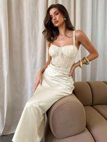 Aloruh Đầm nữ màu xanh ô liu phối ren và satin, thích hợp dự tiệc hoặc hẹn hò, dành cho mùa thu/đông. - Màu be - Xem 10