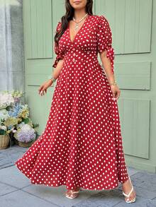 Vionelle Đầm tay ngắn chấm bi cổ chữ V, thắt eo, kiểu Pháp thanh lịch dành cho nữ cỡ lớn. - Đỏ - Xem 3