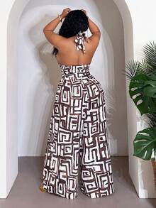 Slaydiva Frühlings-/Sommer-Neuheit, locker sitzender ärmellose Jumpsuit mit Trägerhalsband, Taillenbindung und weitem Bein, abstraktes geometrisches Muster, Wickelkleid in Große Größen für Damen, Rabattcode für Damenkleider "Wow Dress", Jumpsuit in Große Größen, Palazzo-Jumpsuit in Große Größen - Verschiedenfarbig - Übersicht 3